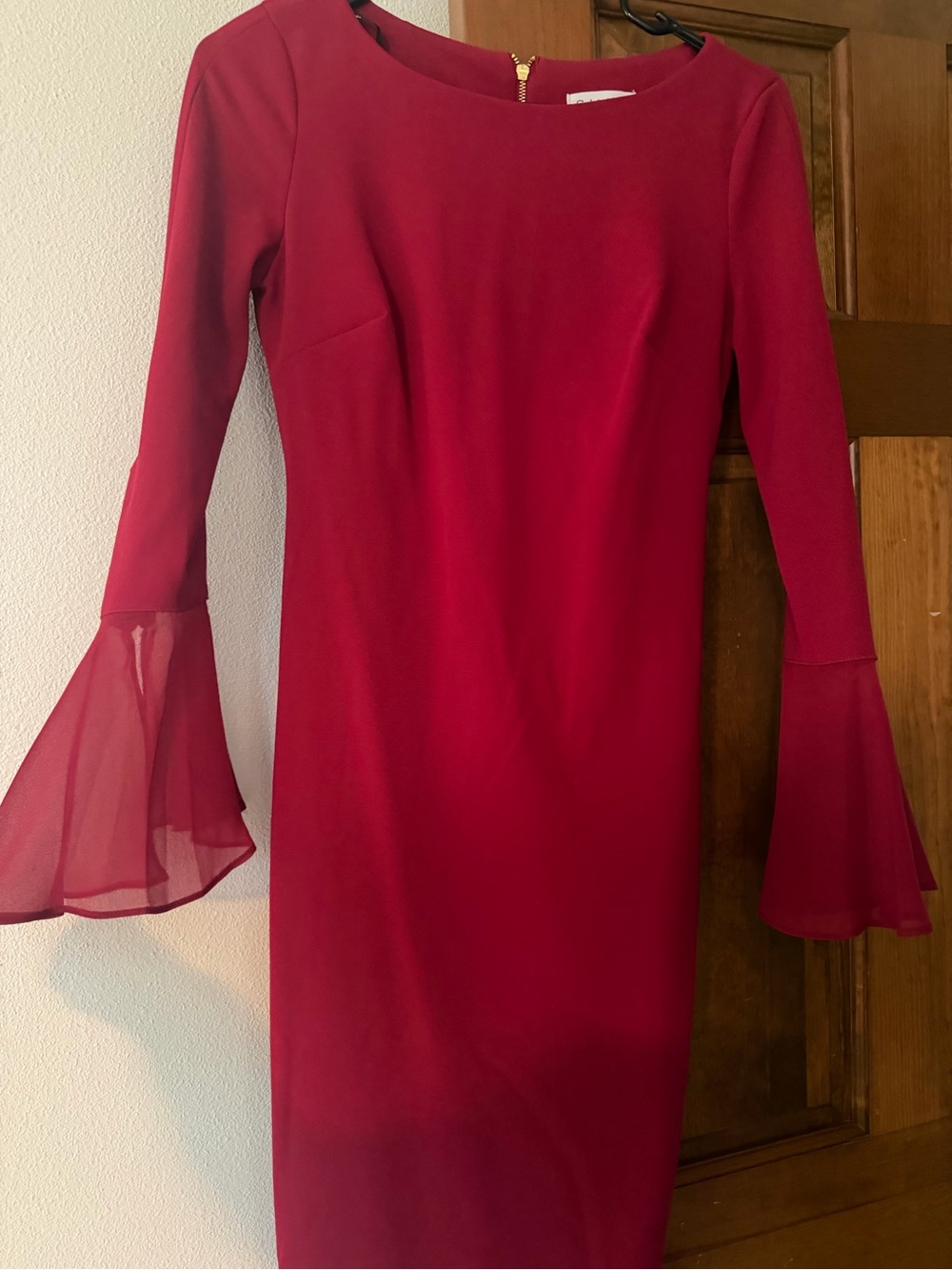Calvin Klein Red Long-Sleeve Sheath Dress with Chiffon Bell Cuffs